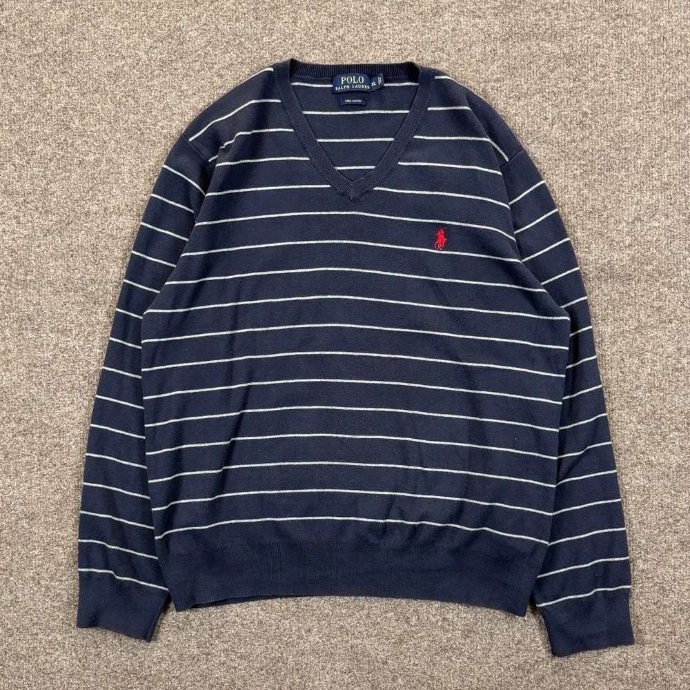 Vintage Y2K Polo Ralph Lauren Navy Striped V-Neck Cotton Sweater Men’s XL Preppy